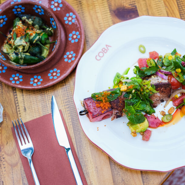 Brochette de viande, salade fraîche et herbes, assiette COBA